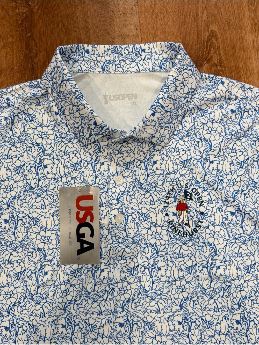 USGA Polo Shirt Pinehurst 124th US Open Mens XL Blue White Floral Print Golf